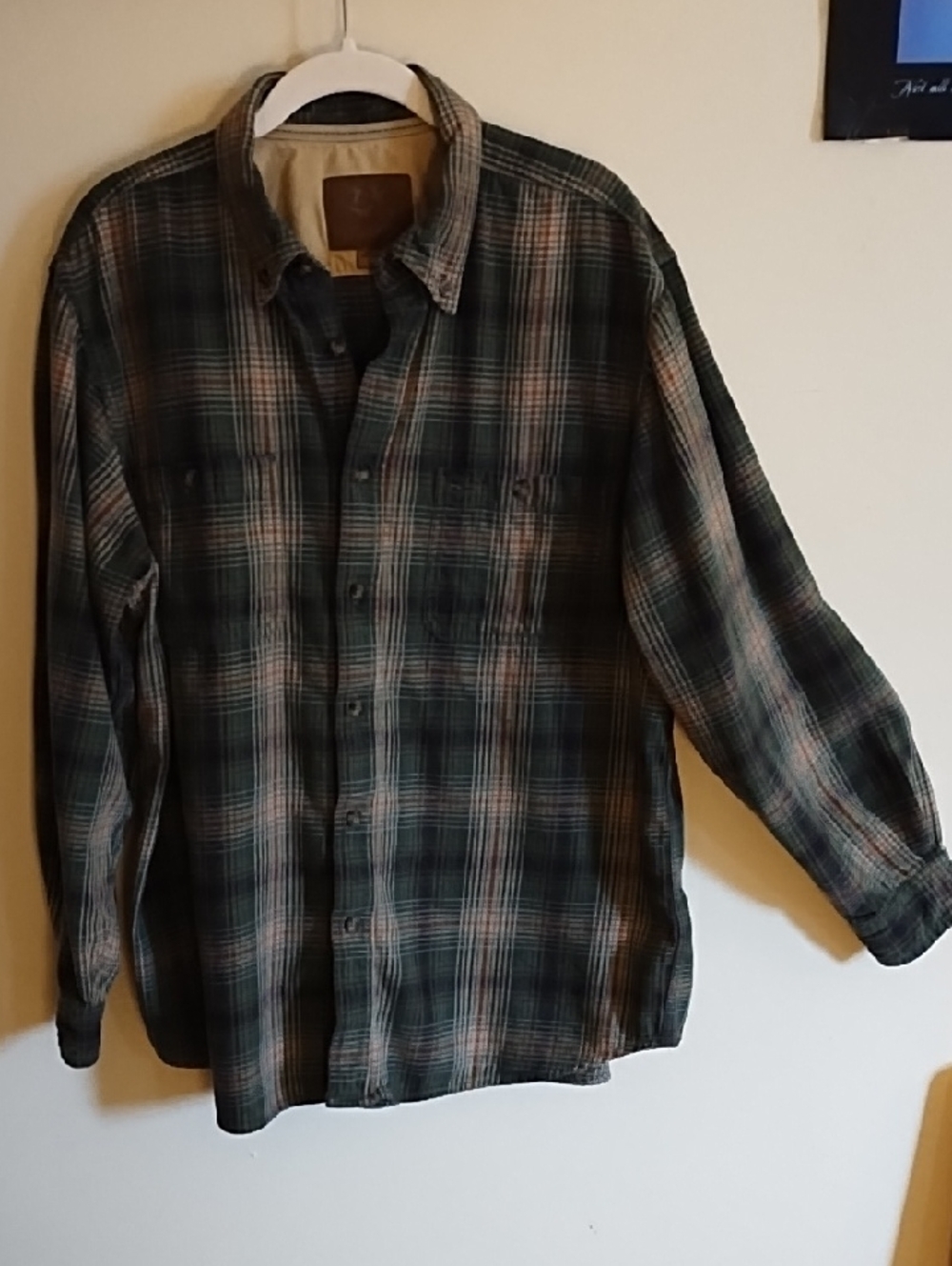 Outdoor Life Green 100%  Plaid Flannel Shirt Touches Of Green Red, Blue